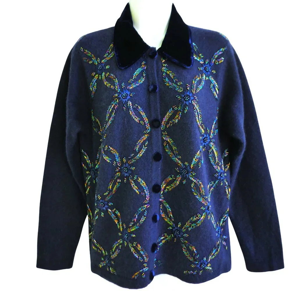 ANGoRa WooL Talbots Iridescent Beaded Soft Navy Cardigan Velvet Buttons Collar M